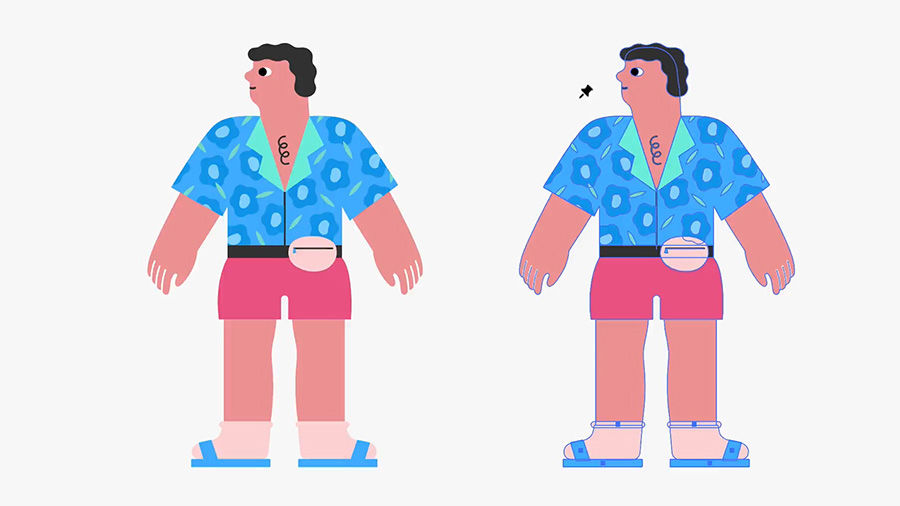 Side by side graphic of two male puppets with animation pins shown on one