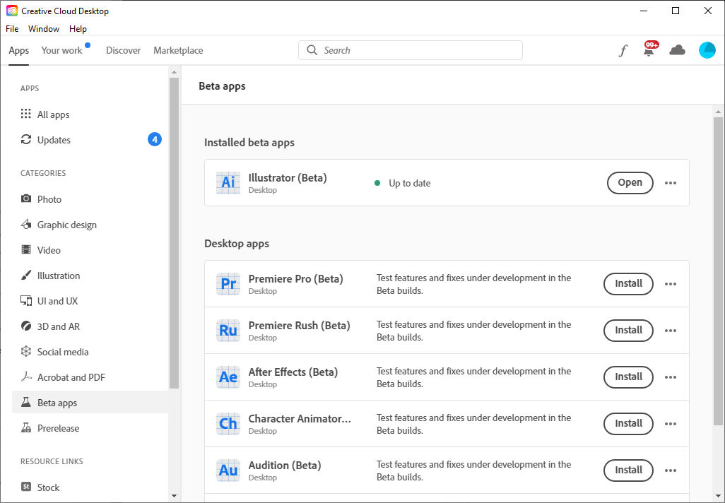 Creative Cloud Masaüstü uygulamasında Beta uygulamalar sekmesi