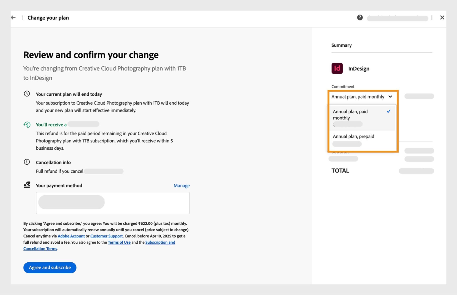 Options to switch billing commitment from monthly to annual prepaid.