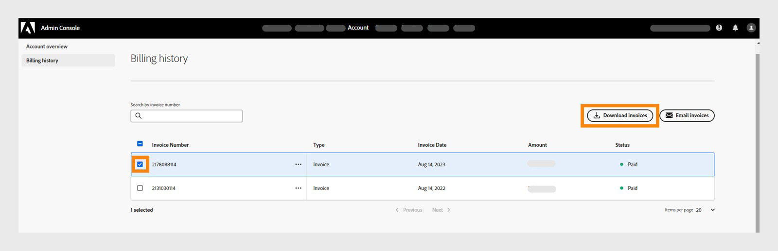 Billing History page showing the invoice number, invoice date, amount, and status of past bills.