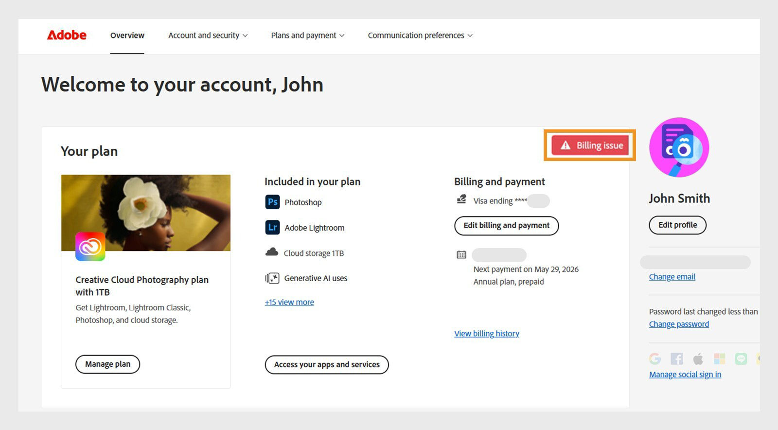 Adobe account overview page showing a billing issue alert.