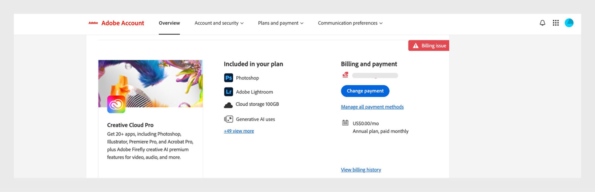 Adobe account overview page showing a billing issue alert.
