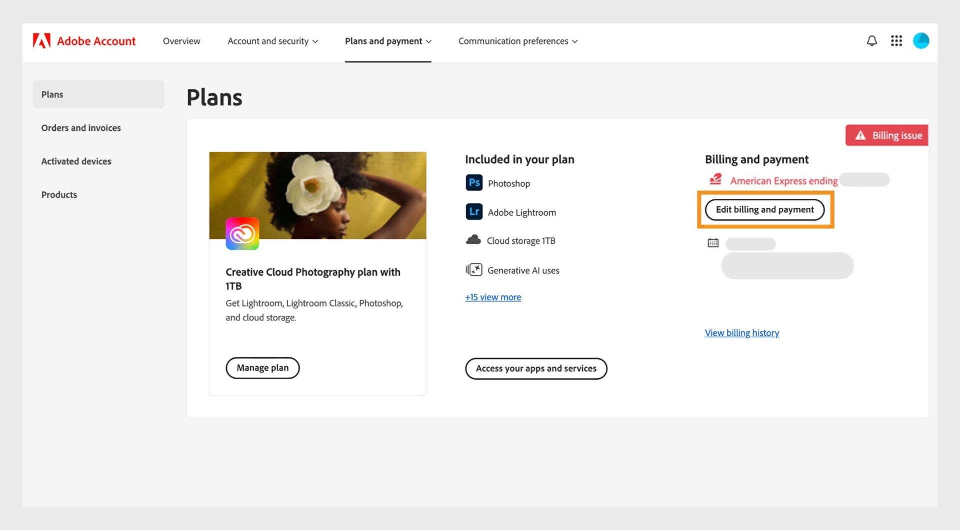 The Plans page in your Adobe account shows that you have a billing issue with your payment method, with options to edit billing and payment, view billing history, access apps and services, and manage plan. 