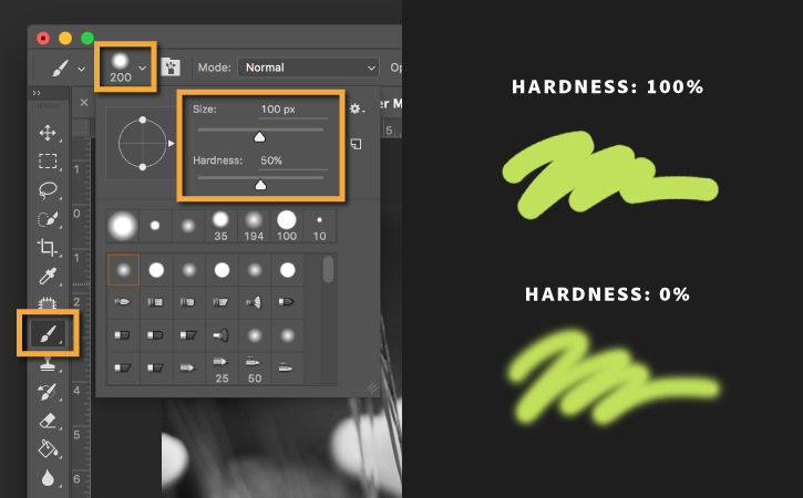 Brush tool is selected and options window is open. To the right, hard and soft brushstrokes are displayed. 