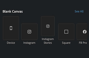 Blank Canvas menu showing different canvases such as Device, Instagram, Instagram Stories, Square of Facebook Profile..