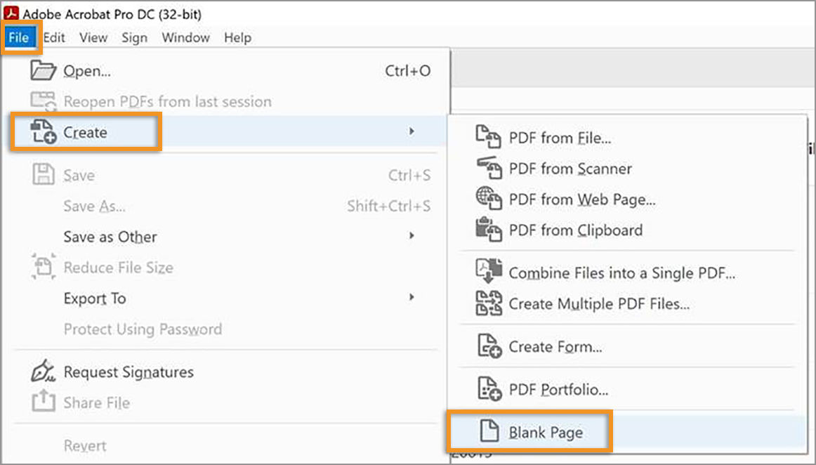 Create a blank page PDF from the file menu