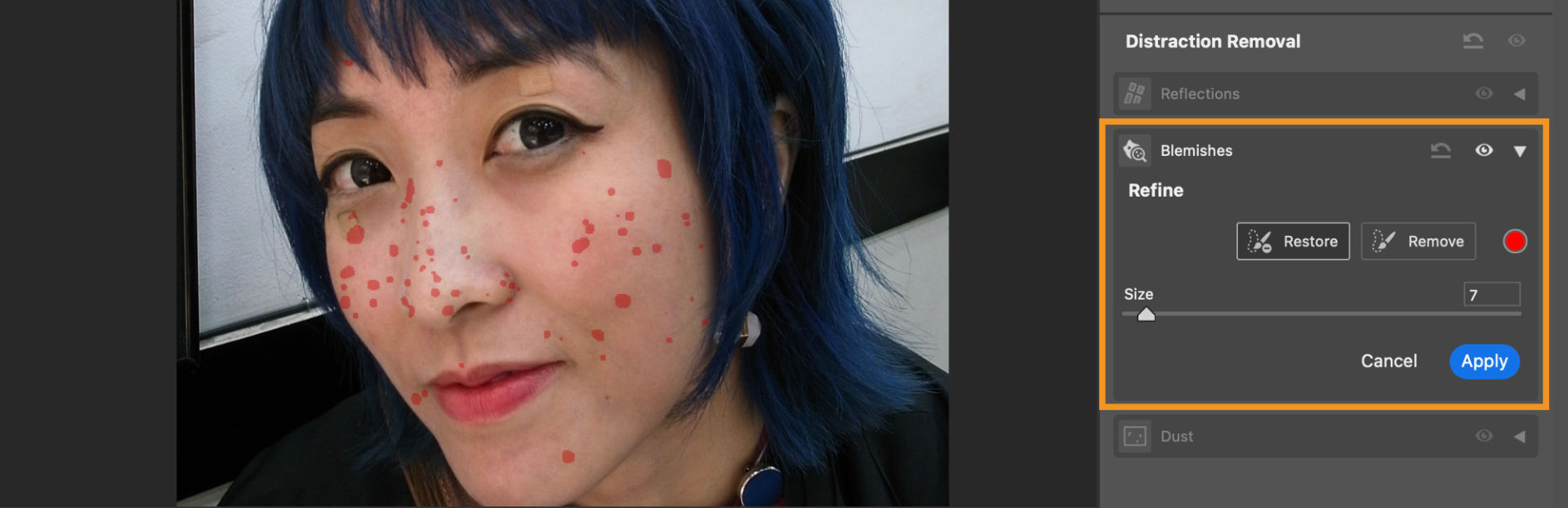 The Refine options in the Blemishes panel, showing Restore, Remove, Size, Apply, and Cancel controls, with detected blemishes highlighted on the photo.