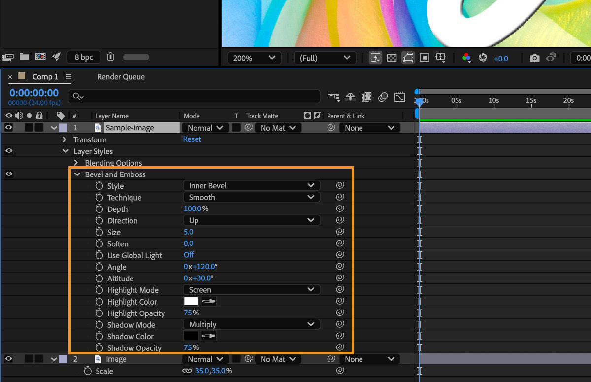 Bevel And Emboss properties twirled open n the Timeline panel and there are multiple properties listed.