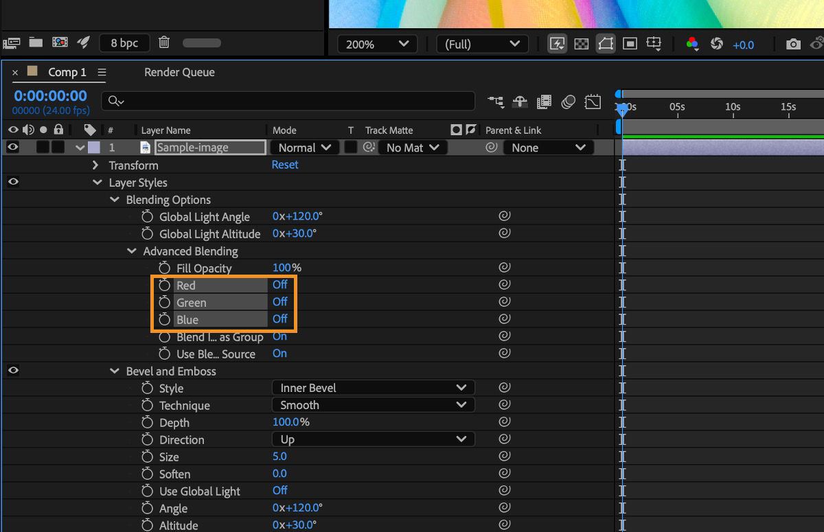 Under the Advanced Blending, the Red, Green, and Blue properties are turned off.