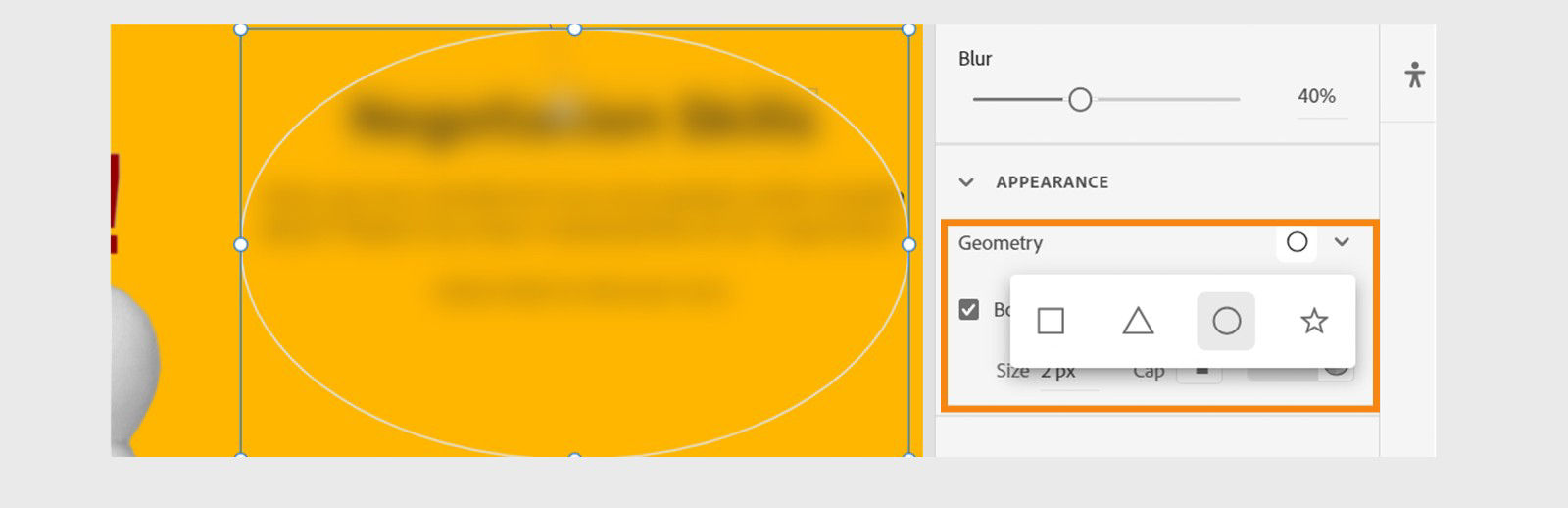 This image describes selecting the geometry dropdown to change the shape of the blur to rectangle, circle, triangle, or star