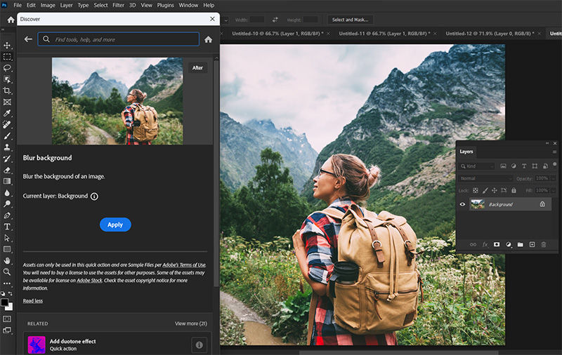 Click Apply to blur the background in your image in the Discover panel > Quick Actions
