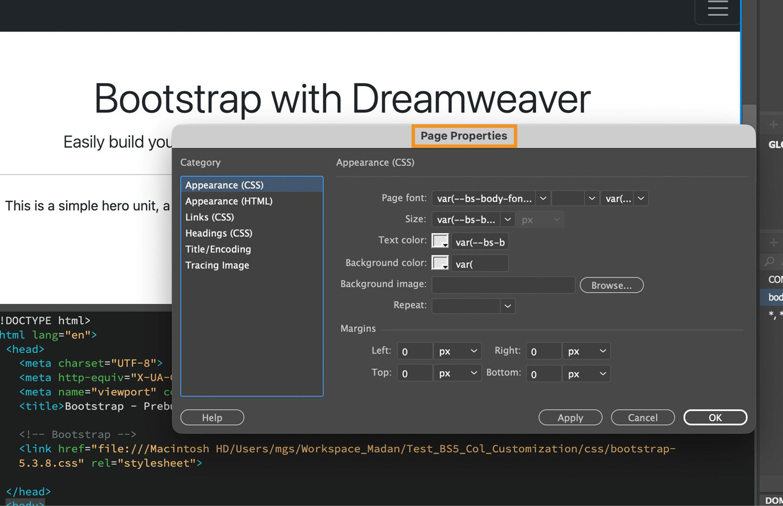 Page Properties dialog showing page property settings for font, size, color, and margins.