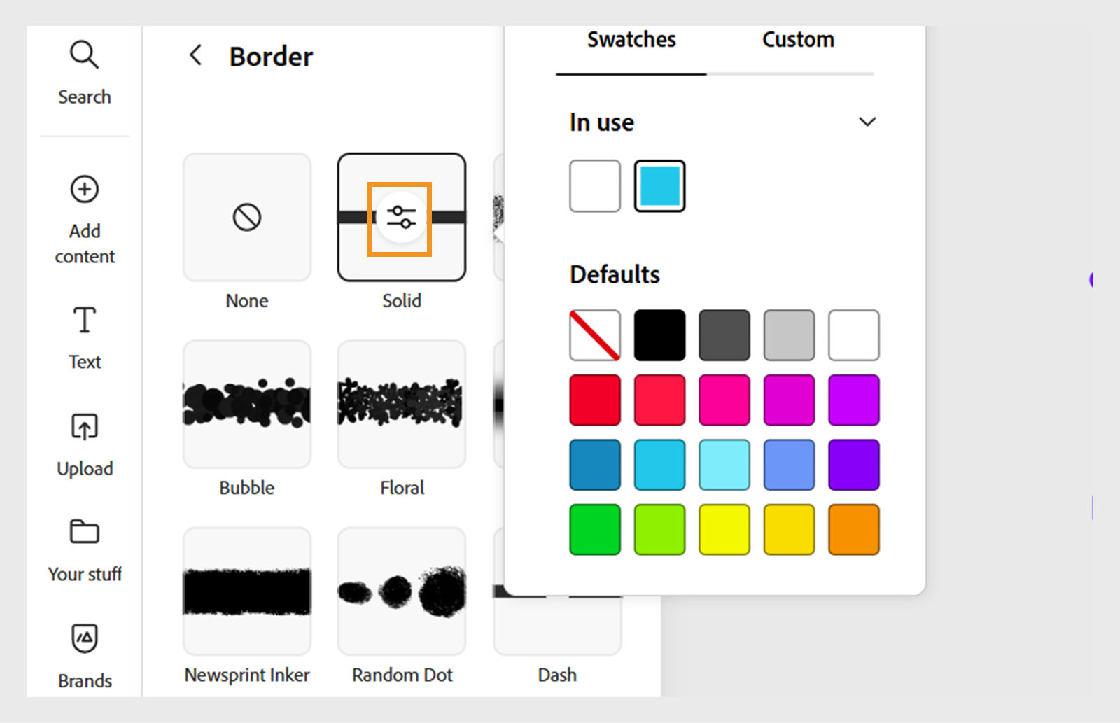 The border Color setting open in Adobe Express, showing a color swatch picker and a custom hex value field