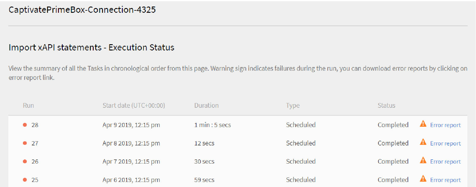 Import xAPI statements - Execution Status