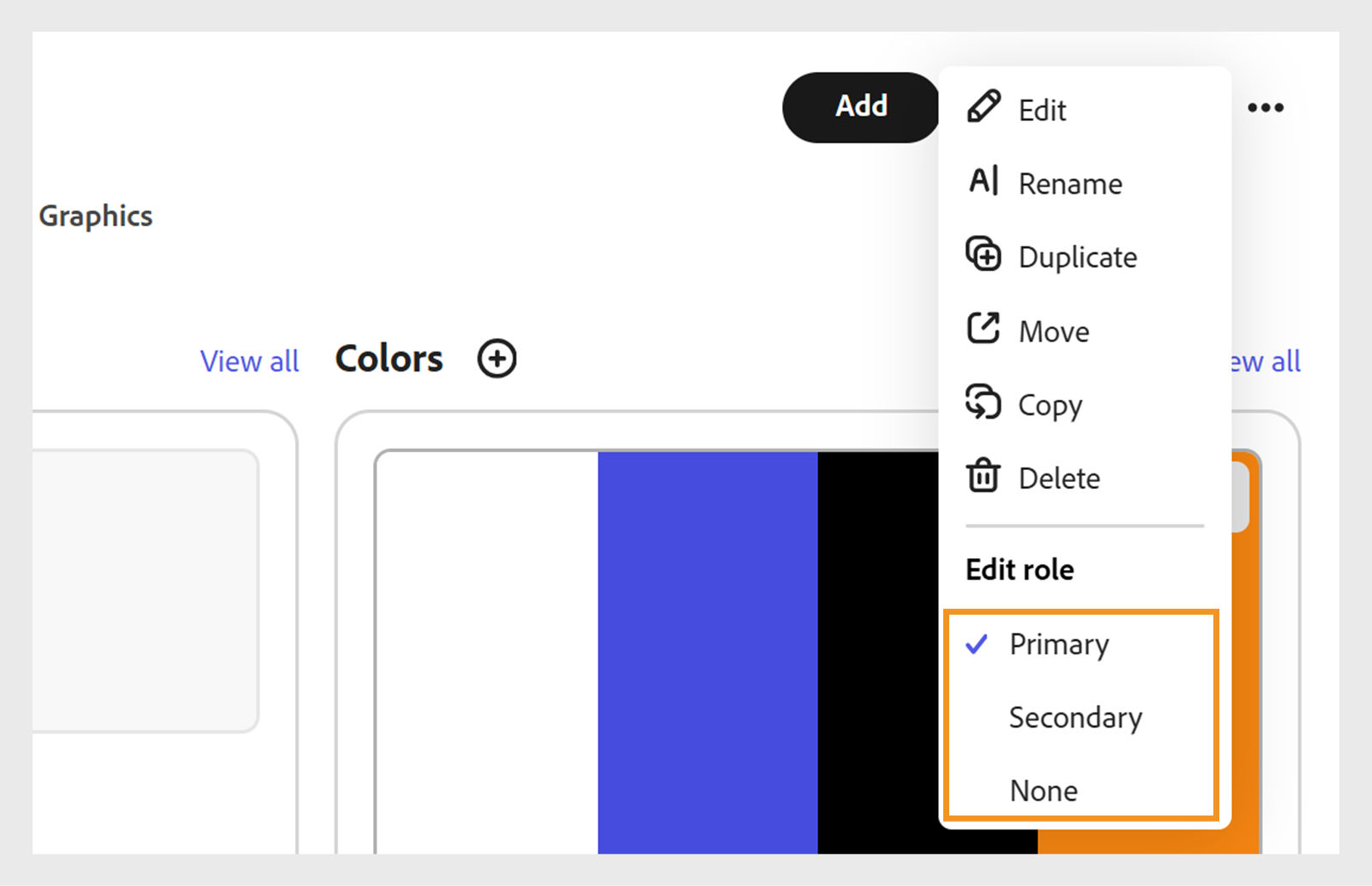 brands page is open and the on the right end of the blur color palette, there is a three dot icon. upon hovering over which, edit role options becomes available 