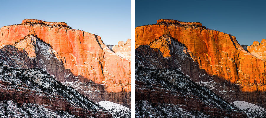 Side by side images of a red mountain with snow under a blue sky, the colors on the right side are much more vibrant