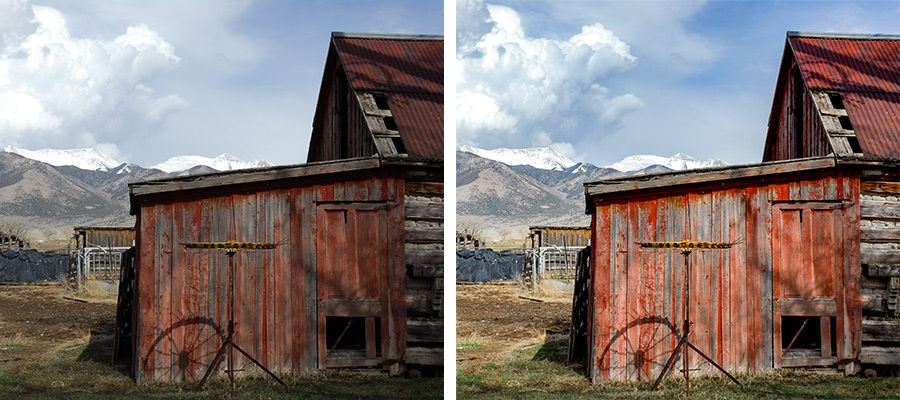 Side by side photos of a barn in a mountain landscape with parts of photo brightened to bring out detail