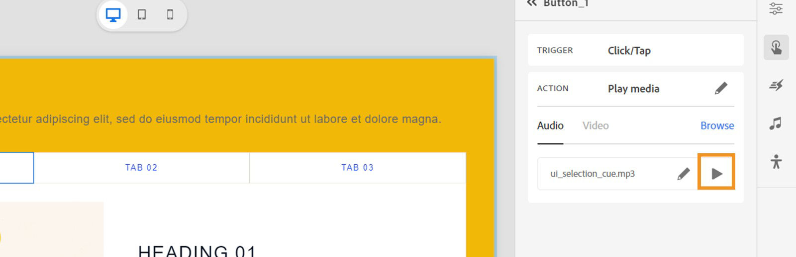 Select the play icon to preview the audio