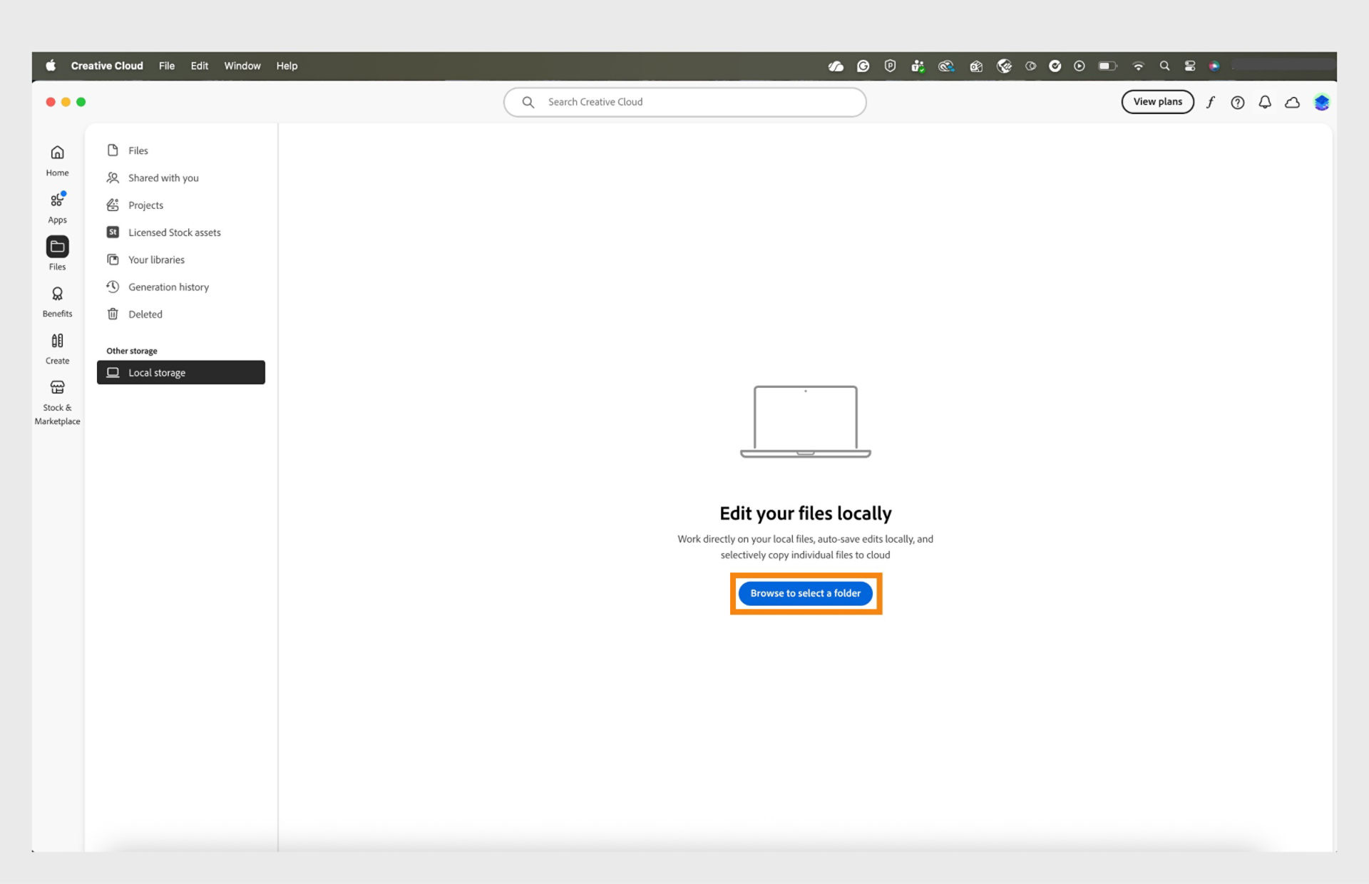 Creative Cloud desktop app showing the Local storage tab with an option to browse and select a folder to edit files locally.