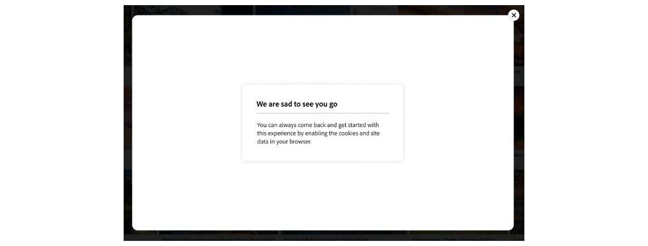 Error screen with a logged-out experience when using the Adobe Express chrome extension that says, "We are sad to see you" You can always come back and get started with experience by enabling the cookies and the data in your browser".||browser-extension-issue