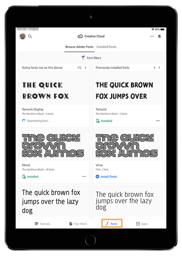 Tap Fonts in the Creative Cloud app