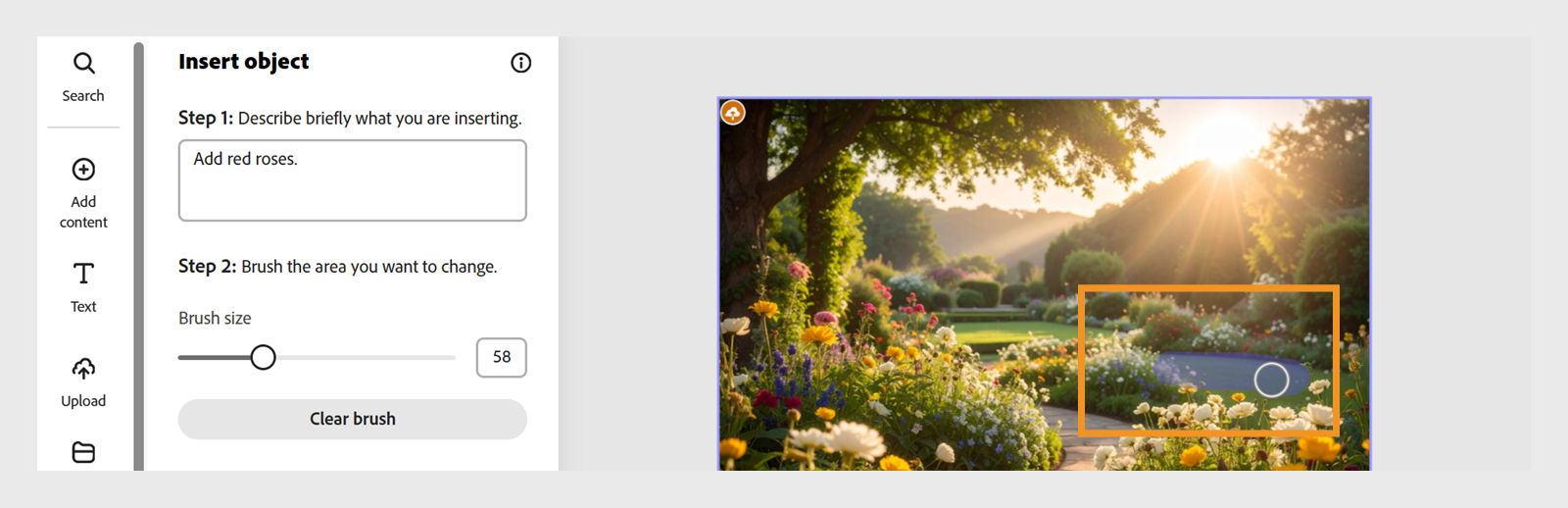 The image shows the brush size slider and text prompt field on the left panel, while the right side displays a highlighted area selected with the brush for applying changes.