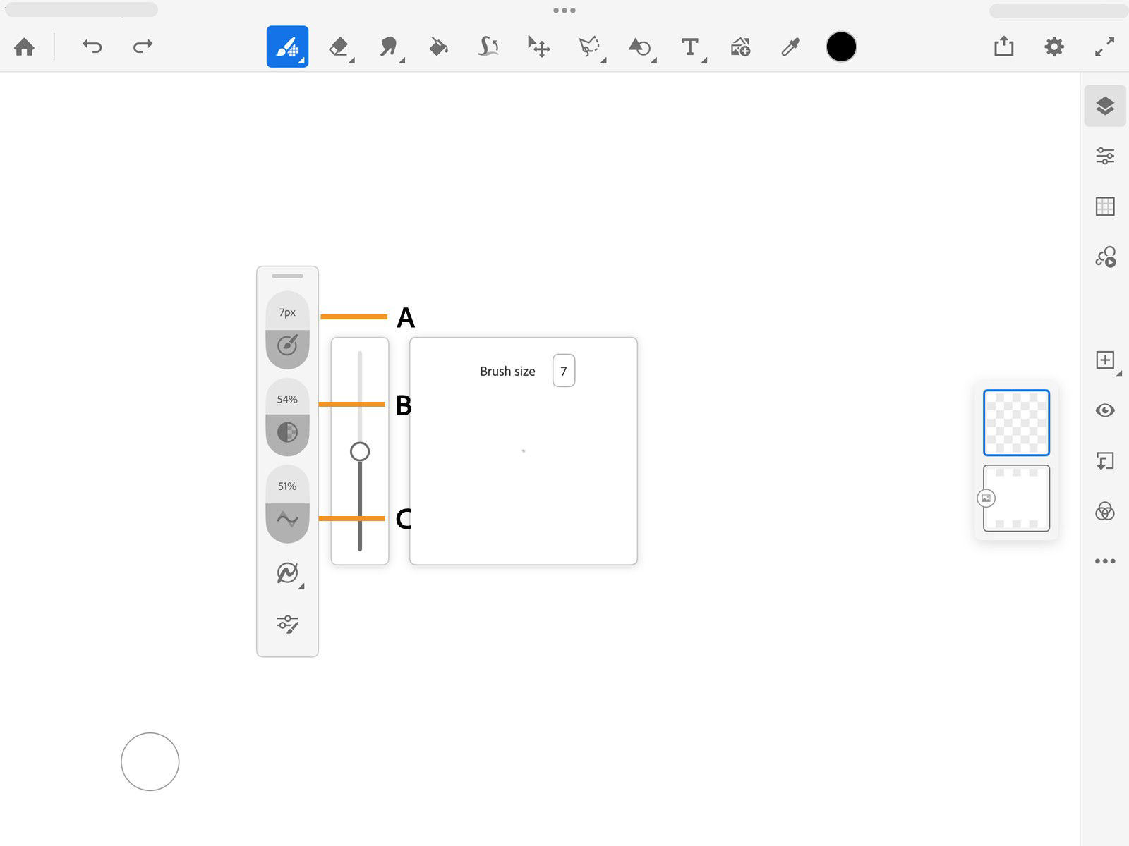 Brush control wells showing Brush size, Brush flow, and Smoothing with a slider and numeric value field.