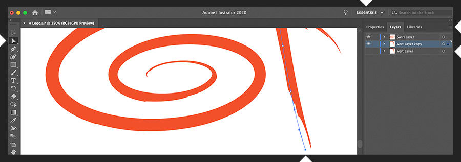 Adobe Illustrator shows a design with two brushstrokes, each on a layer; the Direct Selection tool clicks a control point
