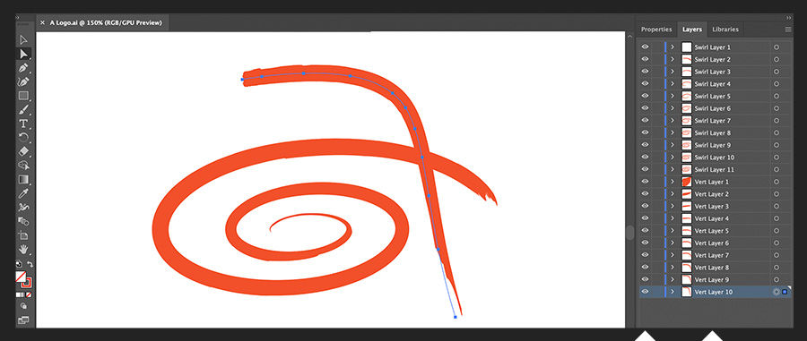 Layers panel shows the original two-layer logo design is now broken into 21 line-fragment layers