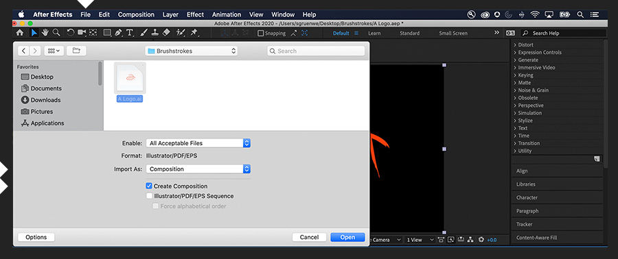 Adobe After Effects shows the Import dialog box