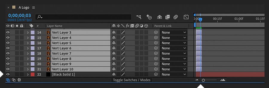 Timeline panel shows the selected layers of the imported Illustrator file, trimmed to three frames in length