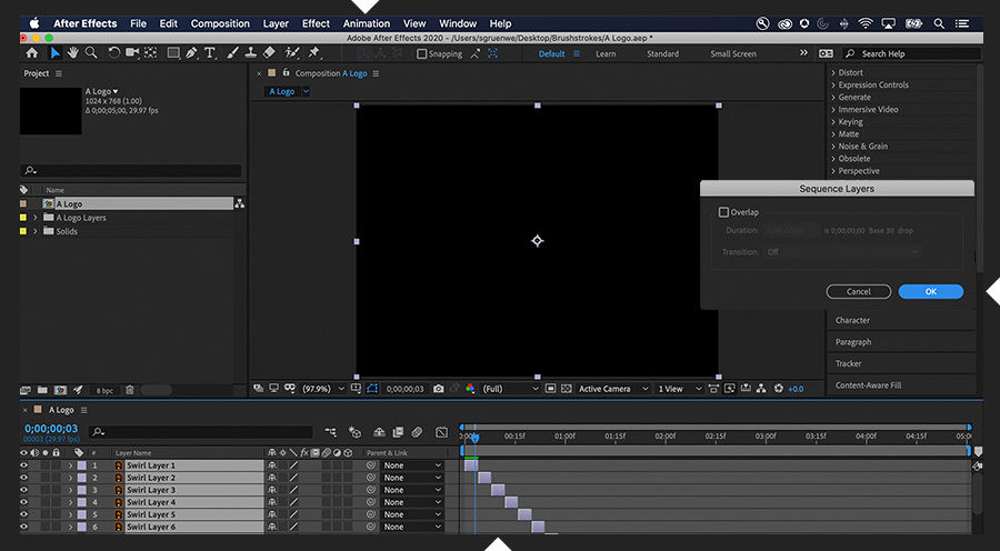 Timeline panel shows the selected layers of the imported file now sequenced per the Sequence Layers dialog box