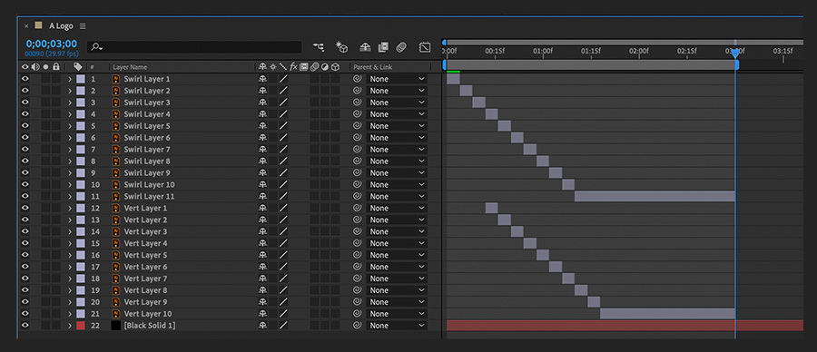 Timeline panel shows layers of imported Illustrator file repositioned relative to one another