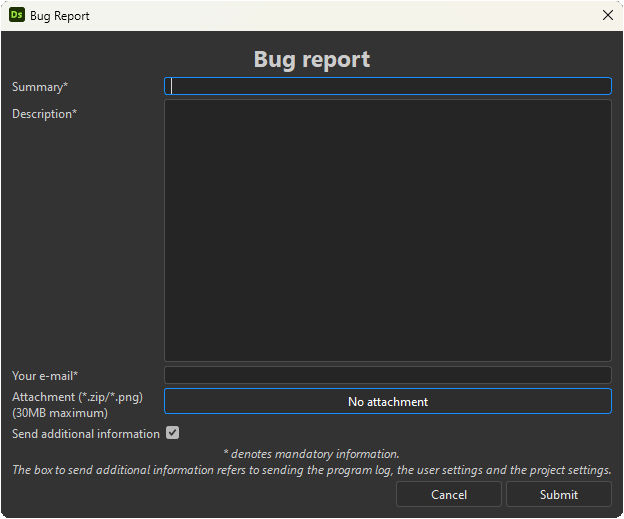 Bug report dialog