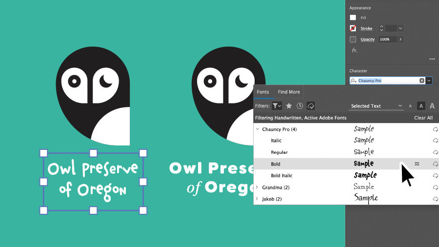 A text box that says "Owl Preserve of Oregon" is selected, the Character panel is open showing Font selections