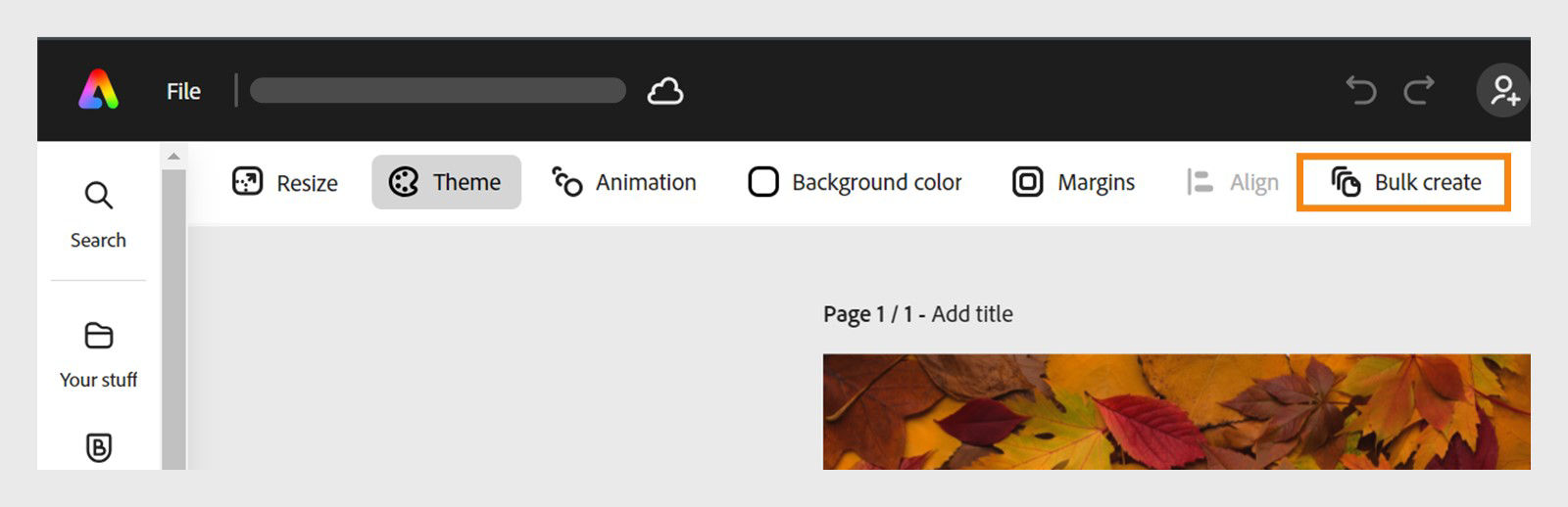 A design open in the editor, the properties panel in the top is displayed with the Bulk create button highlighted