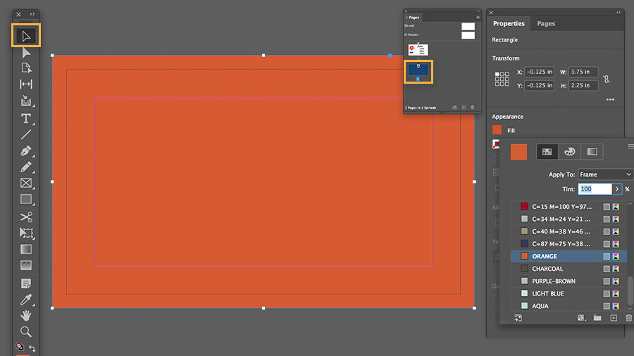 Click the Fill Color box under Appearance in the Properties panel to select a color swatch and update the back of the card