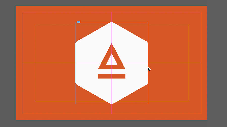 Pink smart guides indicate that the placed logo graphic is centered in the frame
