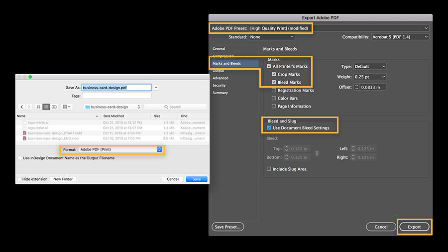 The Marks and Bleeds section of the Export Adobe PDF dialog box includes the option to Use Document Bleed Settings