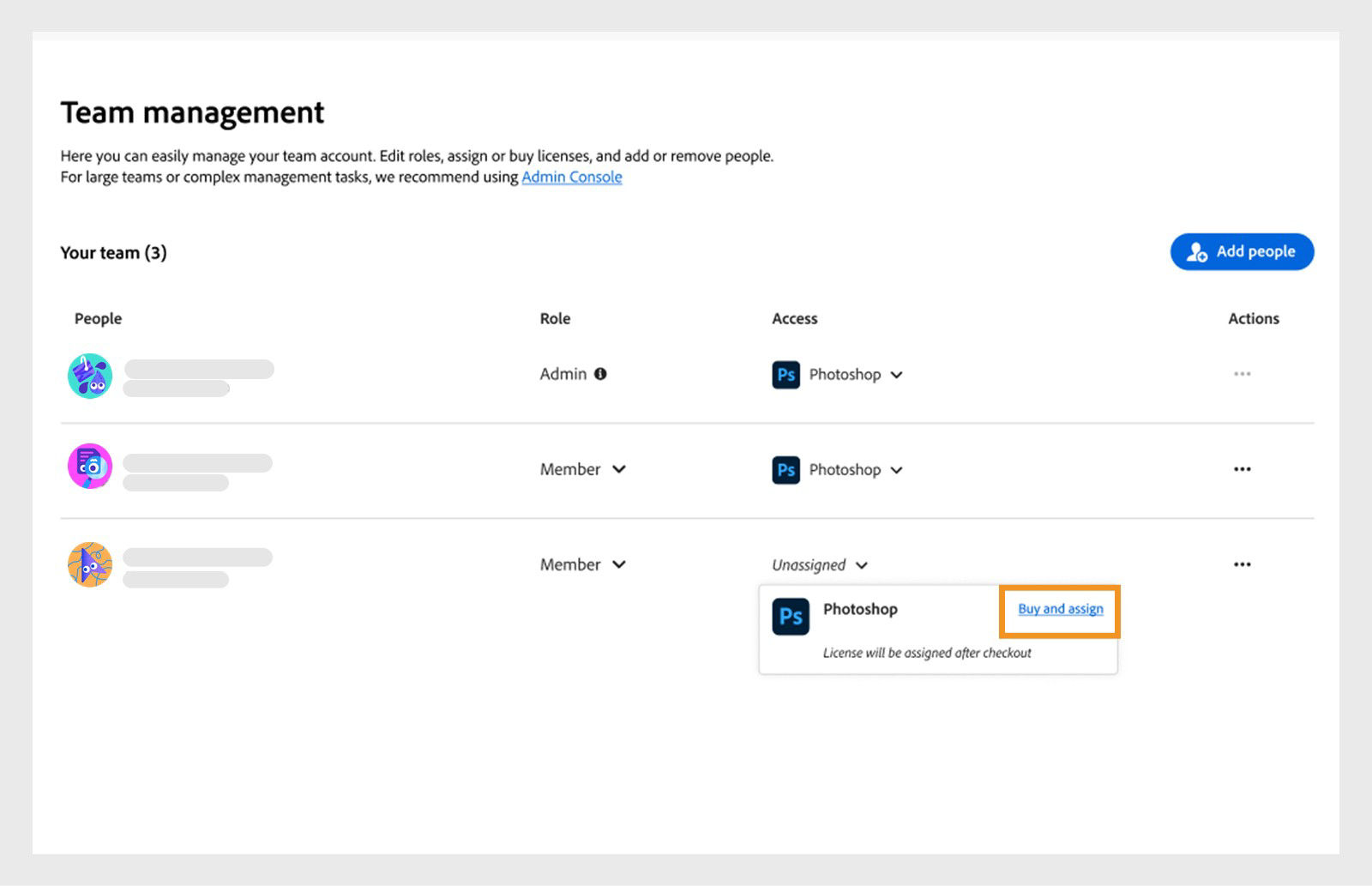 Team management screen on the Creative Cloud desktop app with the buy and assign option highlighted.