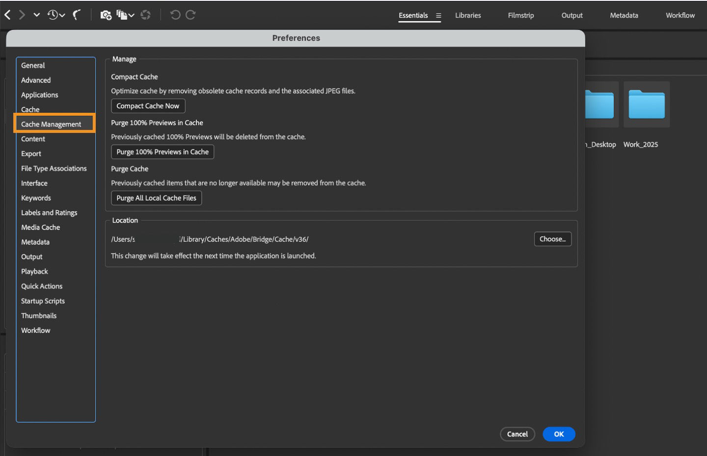 Cache Management Prreferences dialog box is shown, which can be used to Manage Compact Cache, Purge Cache, and more.