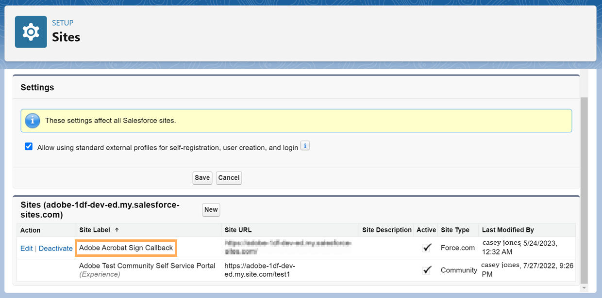 Configure el sitio de devolución de llamada para insertar acuerdos en Acrobat Sign para Salesforce.