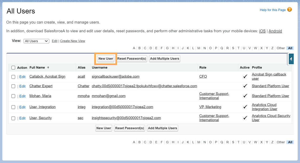 Создайте новый профиль пользователя обратного вызова в Acrobat Sign для Salesforce.