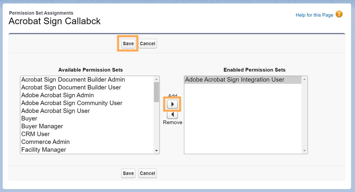 Añada un rol de usuario de integración de Adobe Acrobat Sign en Acrobat Sign para Salesforce.