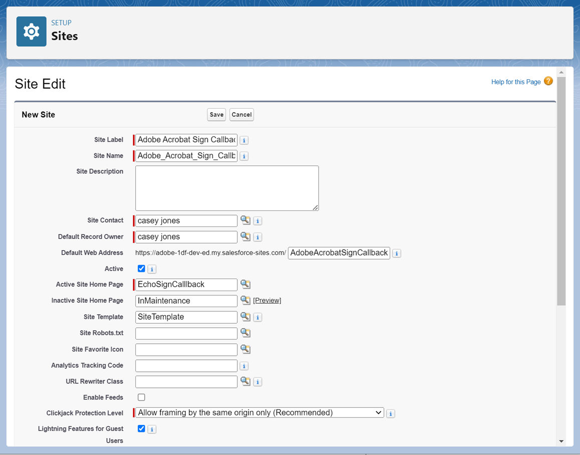 Create callback site in in Acrobat Sign for Salesforce.