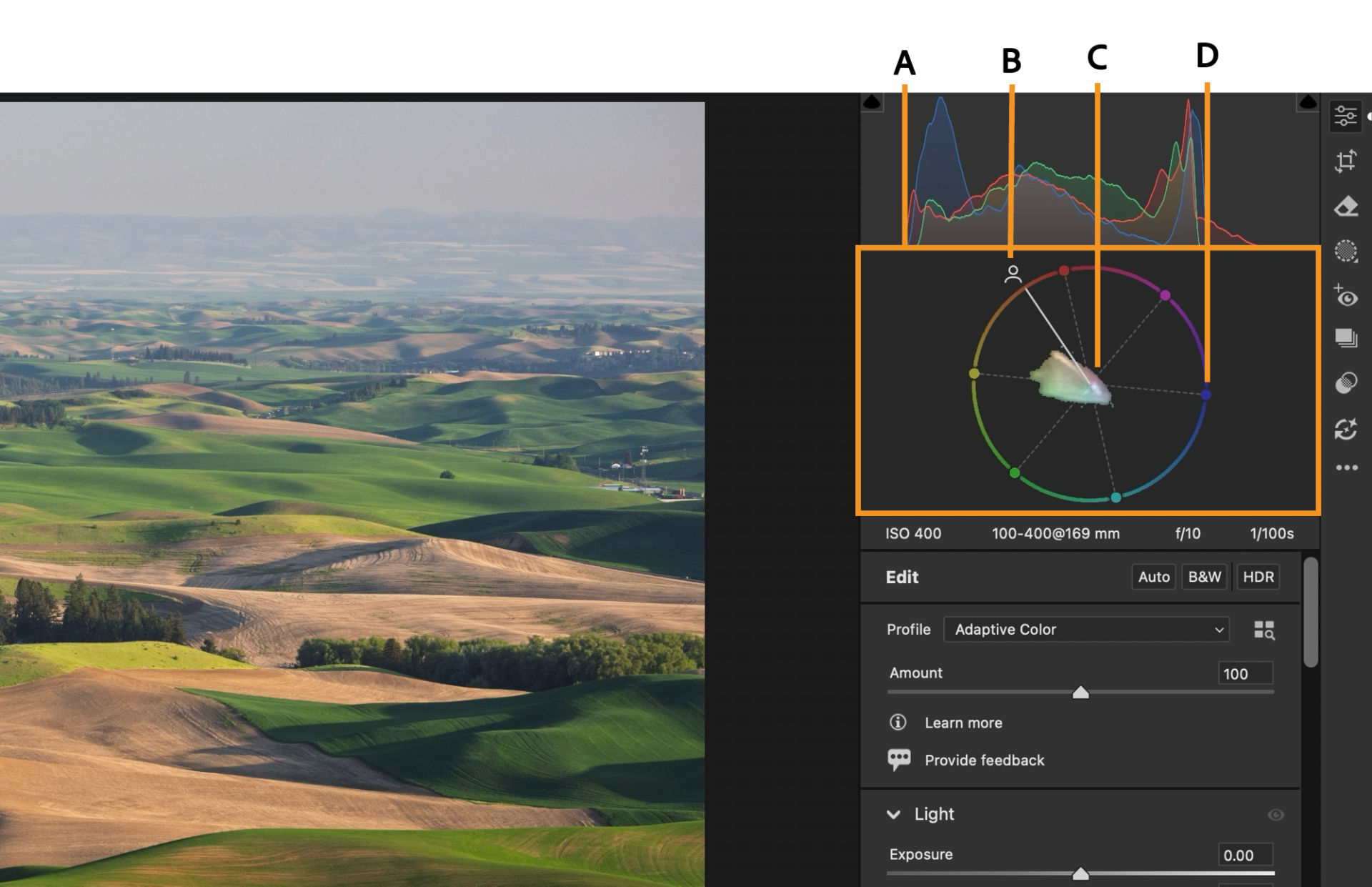 Camera Raw interface showing  Vectorscope with labeled callouts A, B, C, and D indicating different tonal ranges and their corresponding color distribution.