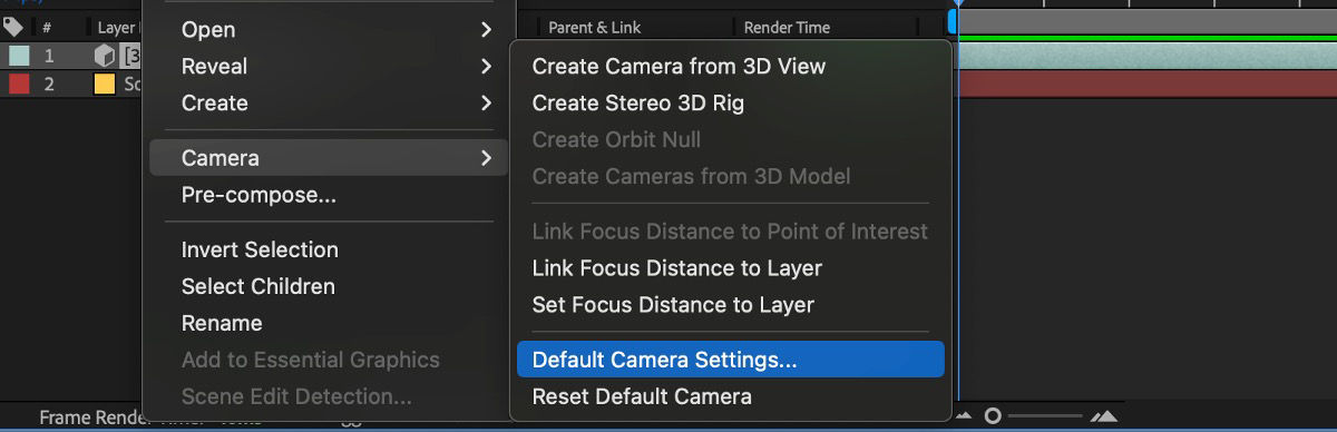A layer with 3D model is selected in the Timeline panel. The layer menu has the Camera option selected and then the Default Camera Settings.  