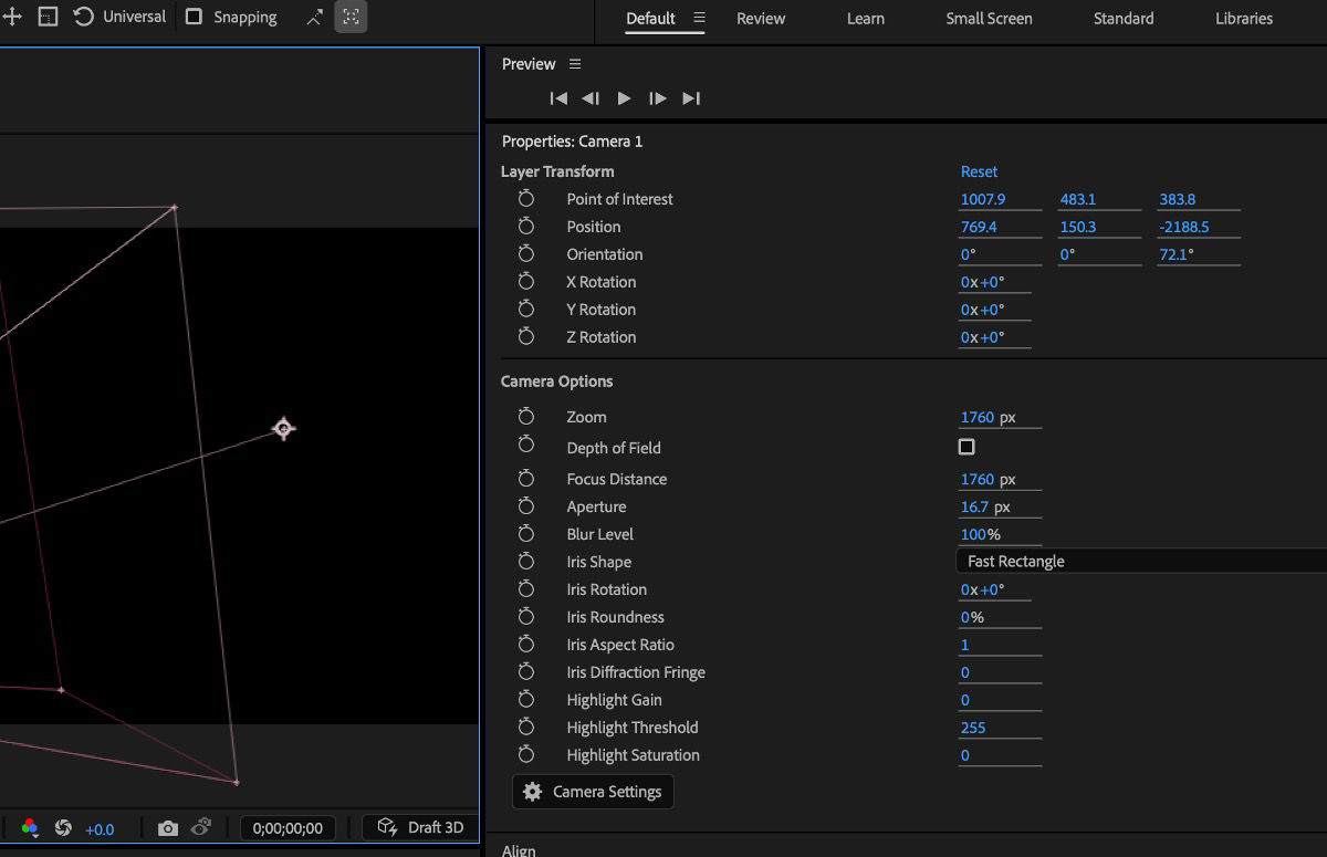 The Properties panel shows the Layer Transform and Camera Options of the selected Camera layer. There are multiple options to specify the layer transforms and camera settings.