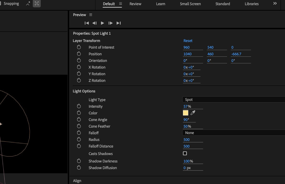 The Properties panel shows the Layer Transform and Light Options of the selected Light layer. There are multiple options to specify the layer transforms and light settings.