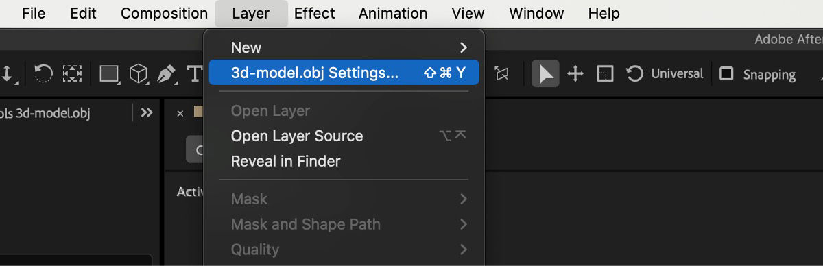 A layer with 3D model is selected in the Timeline panel. The layer menu is open and the layer settings option that is personalized with layer name is selected.
